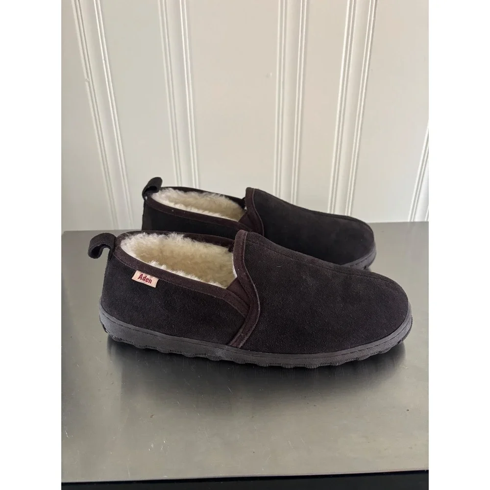 Aden Mens Suede Slippers Dark Brown Lambskin Lined House Shoes Size 10
